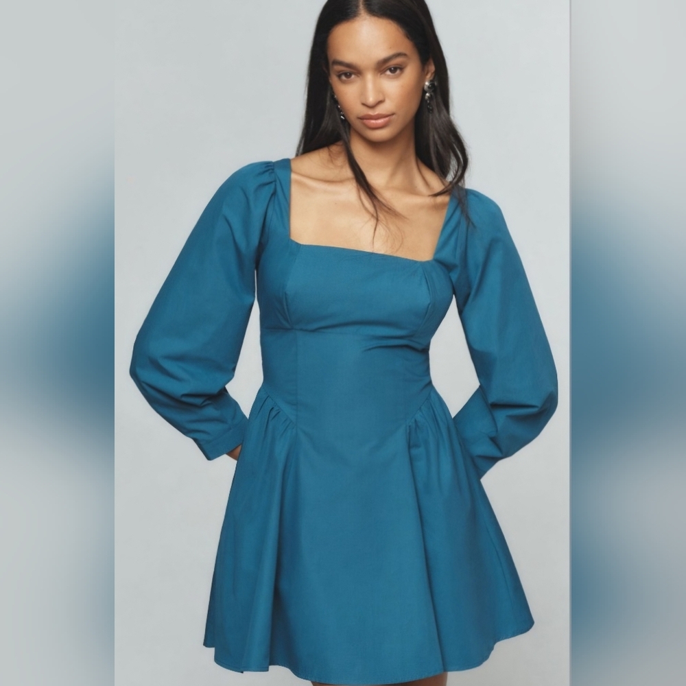 Anthropologie Teal Square-Neck Mini Dress